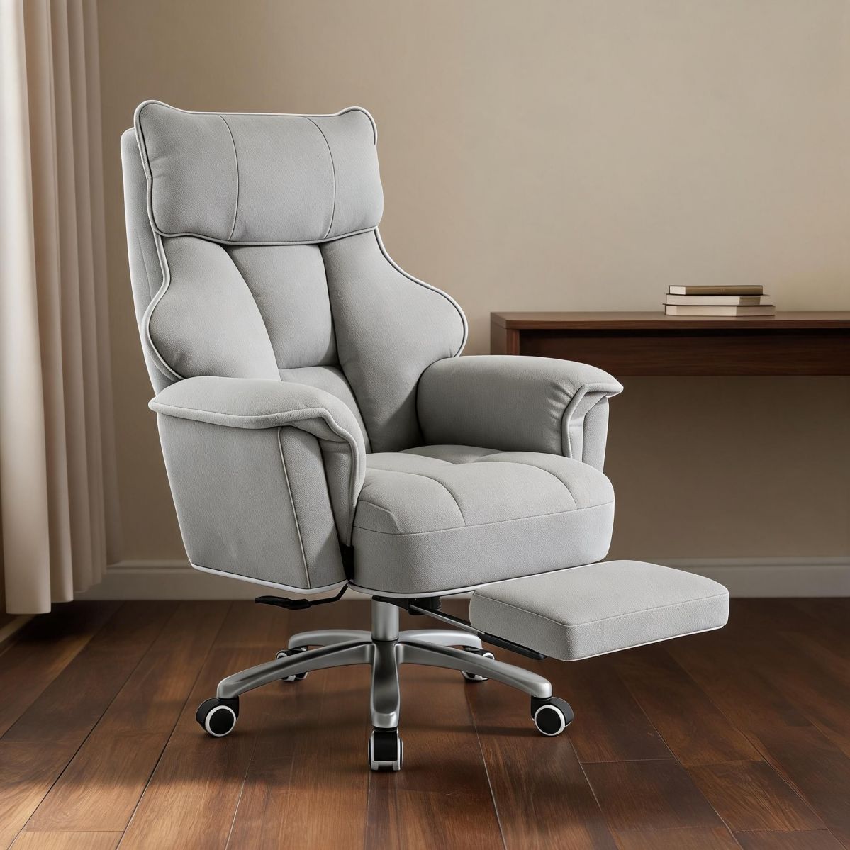 BrandName Light Gray Faux Leather Executive Chair, Adjustable Height Swivel Office Desk Chair with Padded Arms