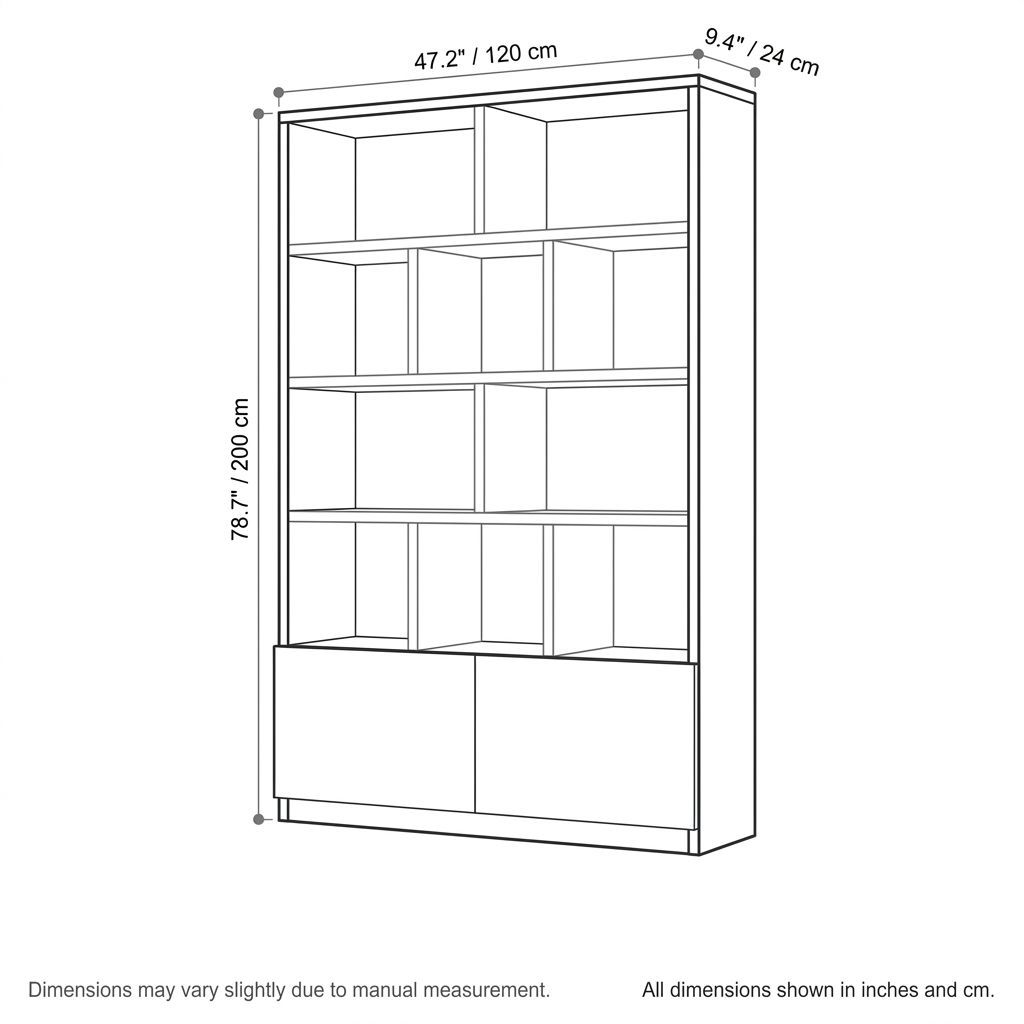 BrandName 47"W Tall Bookcase with Doors, Manufactured Wood Freestanding Shelving Unit with Open Cubbies