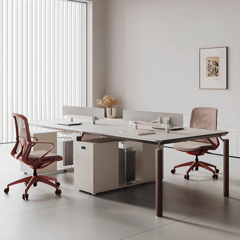 BrandName 94"L x 47"W White and Gray Office Desk and Chair Set with 2 Cabinets, Double PC Desk with Padded Chair