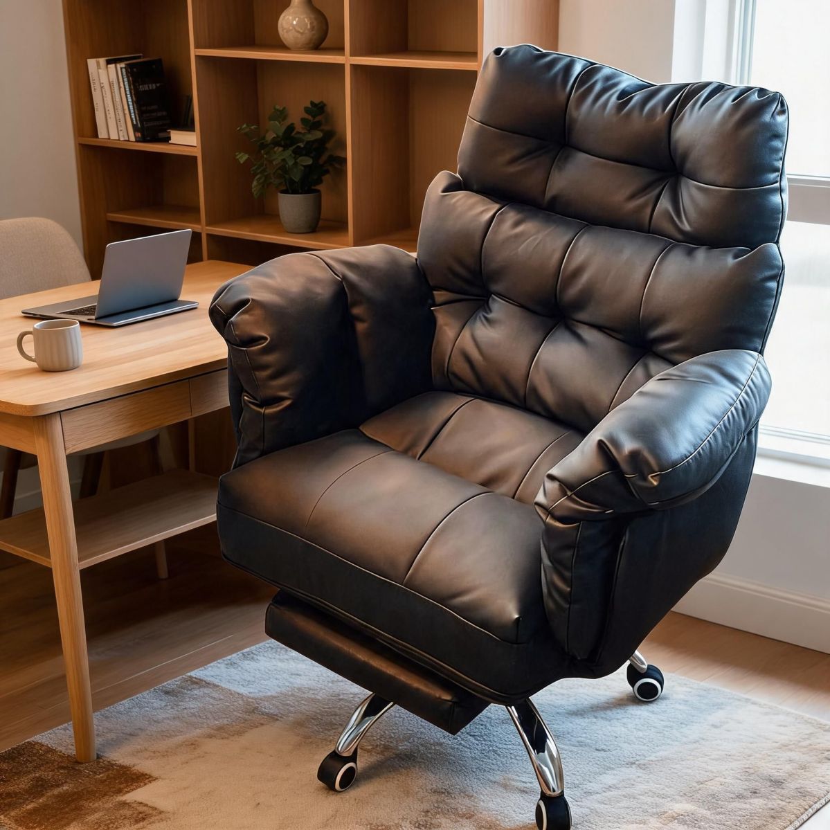 BrandName Black PU Leather Task Chair with Footrest, High Back Swivel Desk Chair with Adjustable Height Seating