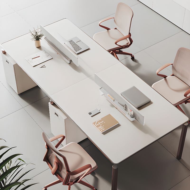 BrandName 94"L x 47"W White and Gray Office Desk and Chair Set with 2 Cabinets, Double PC Desk with Padded Chair
