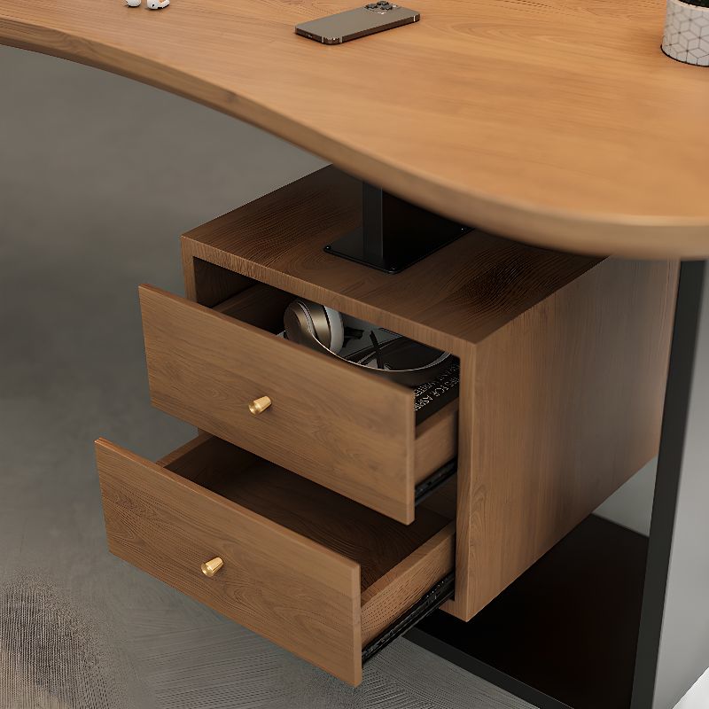 BrandName 63"L x 30.3"W Cocoa Timber Office Desk and Chair Set with Pedestal Base, Wooden Computer Desk with Upholstered Chair