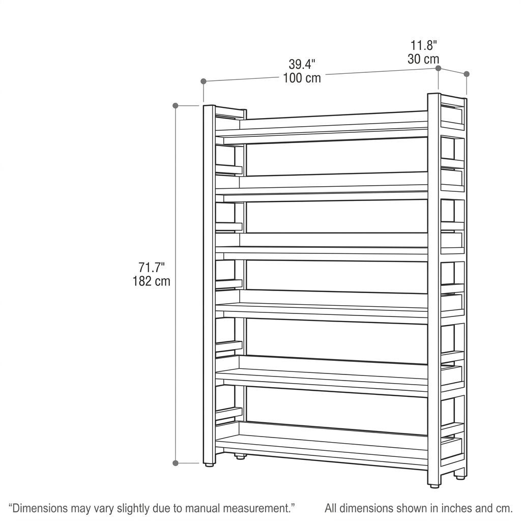 BrandName 39" Wide 6-Tier Metal Bookcase with Side Pegboard, Dark Walnut Open Shelf Storage Rack