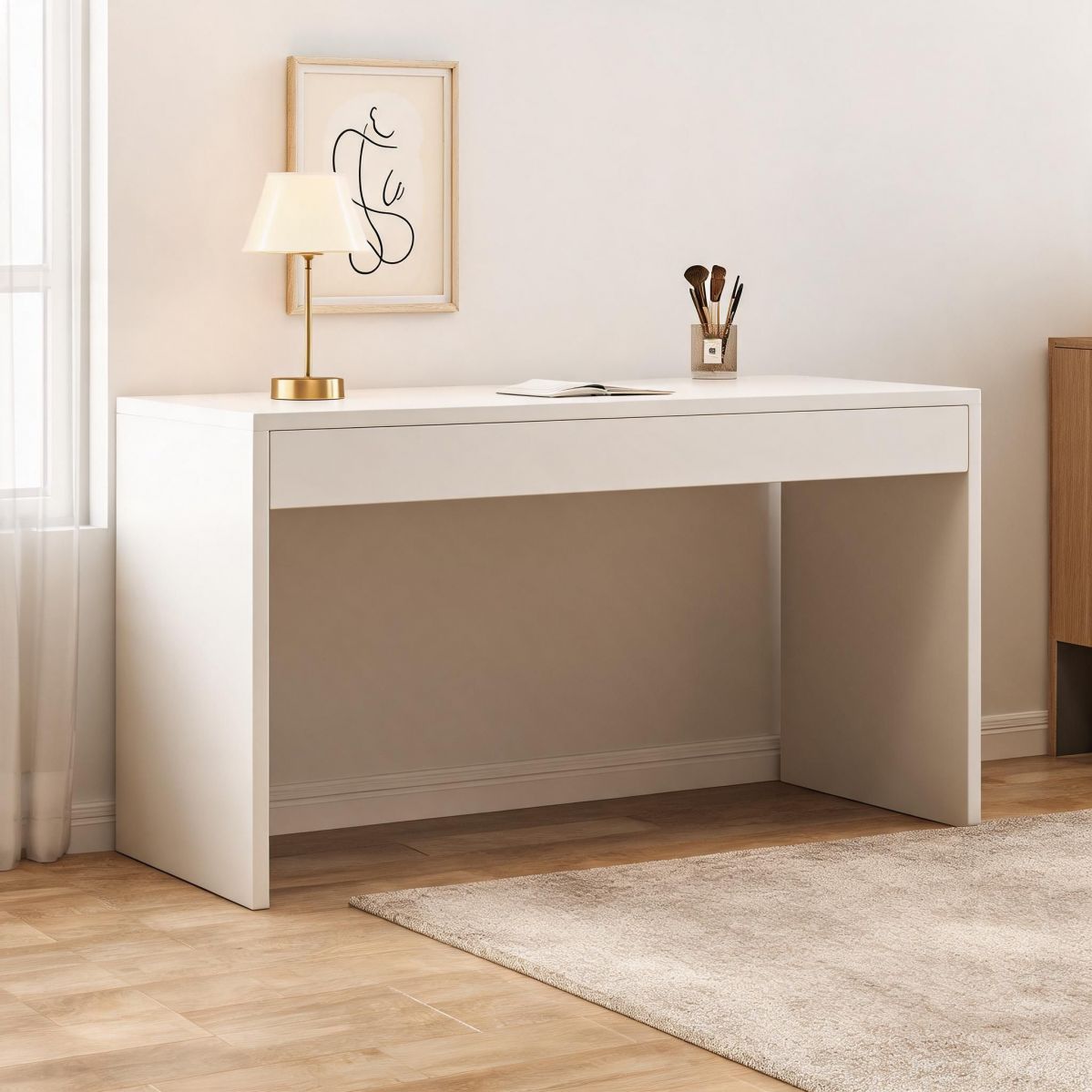 BrandName 47"W x 16"D White Writing Desk and Vanity Table, Slim Fixed-Height Bedroom Desk