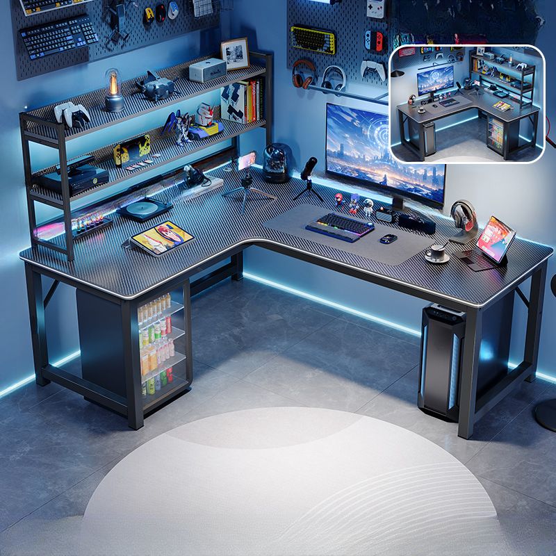 BrandName 63"L x 47"W Midnight Black L-Shaped Office Desk with Hutch, Computer Desk with Storage Shelves