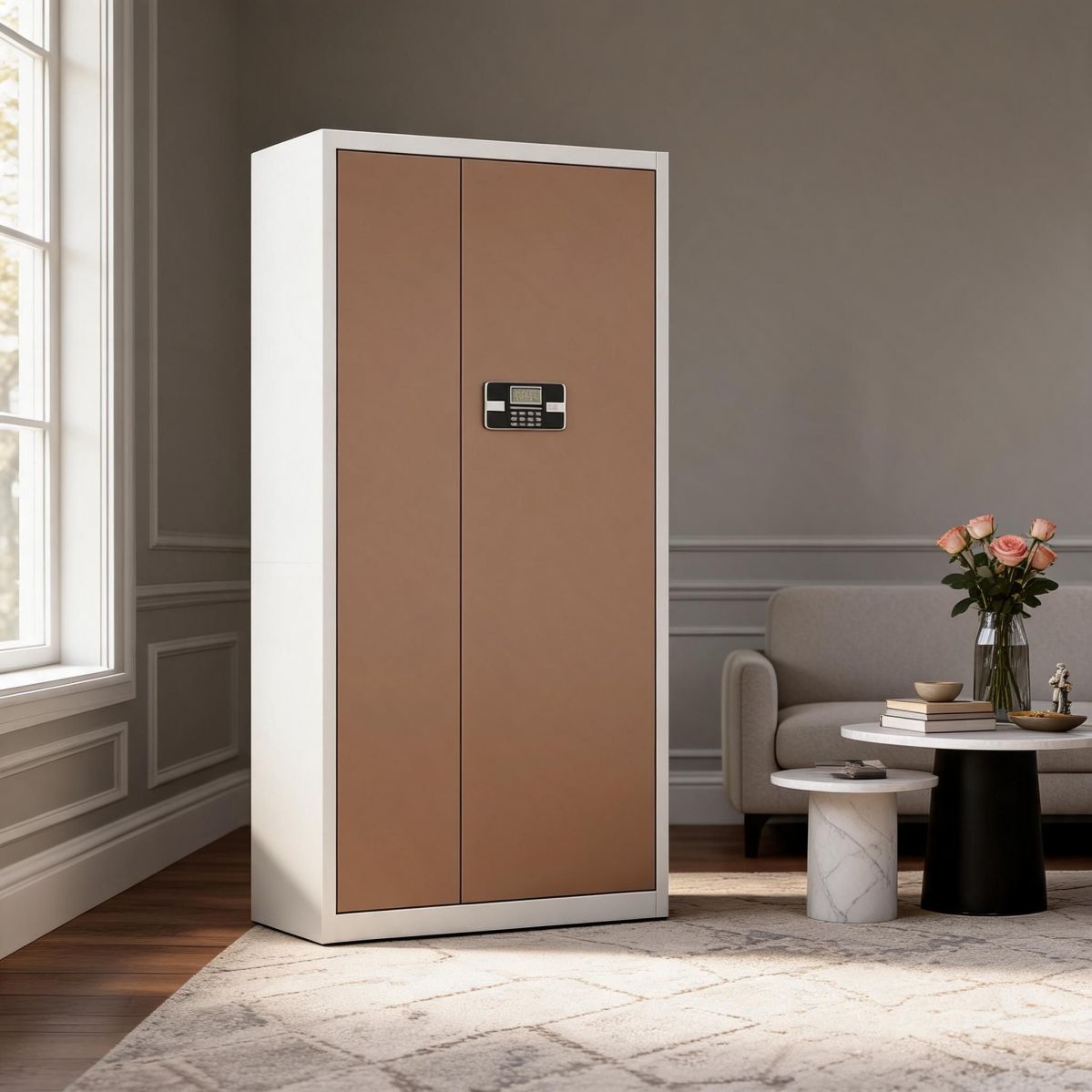 BrandName 35"W Espresso Steel Storage Cabinet with Electronic PIN Lock, 2-Door Vertical Office File Cabinet
