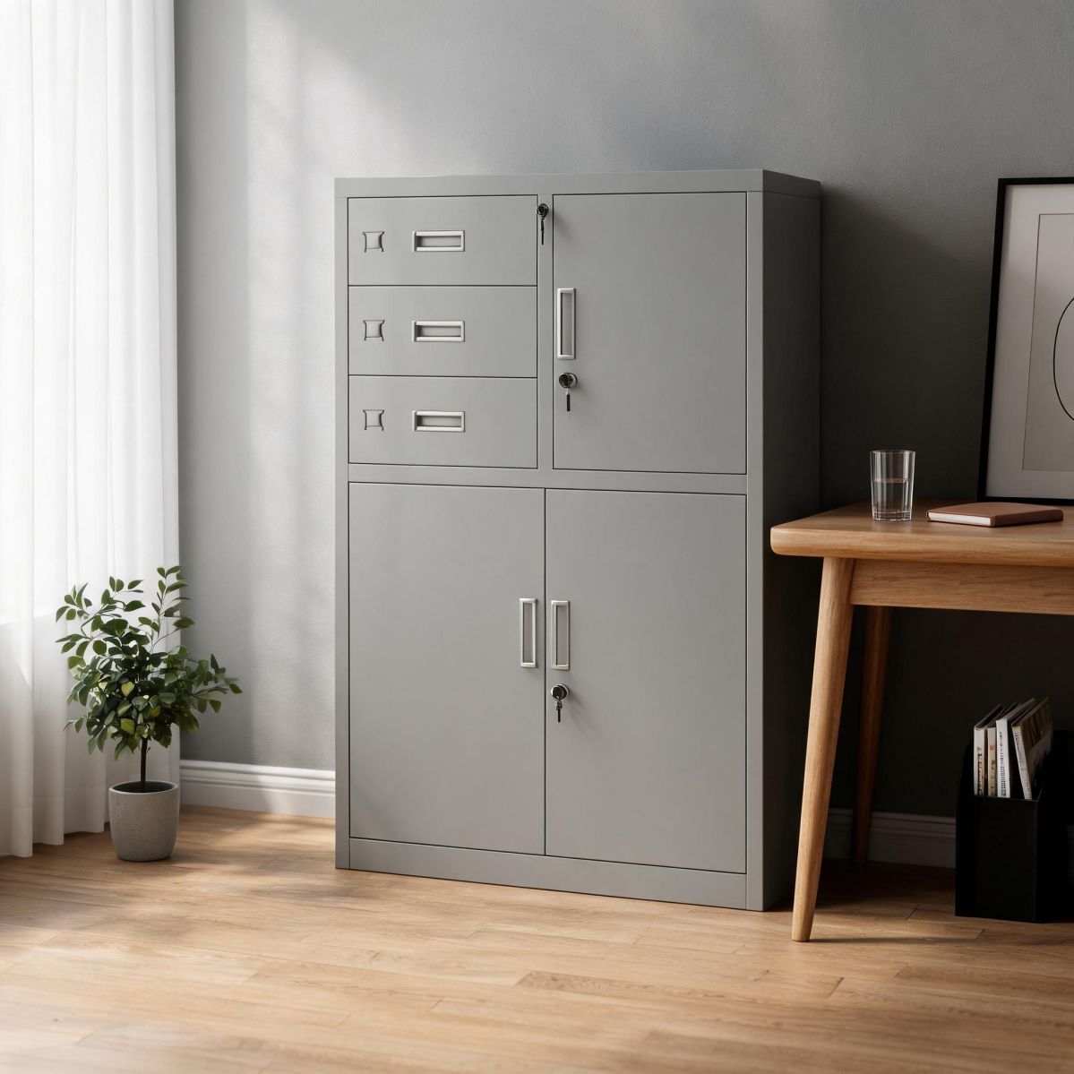 BrandName Lockable Steel File Cabinet with Built-In Safe, 3 Drawer Office Storage Low Credenza