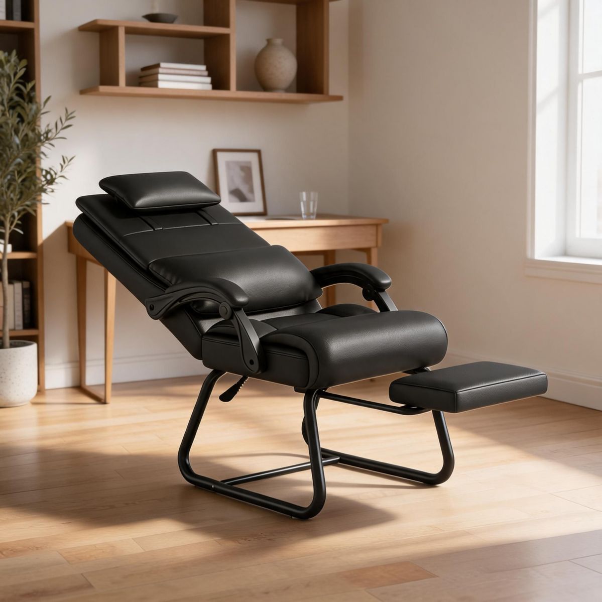 BrandName Black Microfiber Leather Executive Office Chair with Footrest, Reclining High Back Desk Chair, Adjustable Headrest