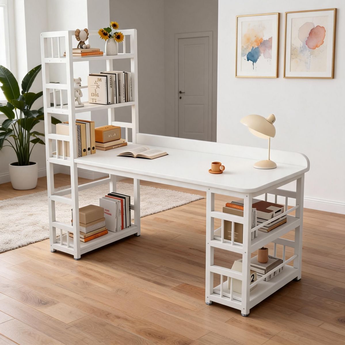 BrandName 47"W x 20"D Computer Desk with Bookshelf, White Home Office Desk with Open Side Shelves