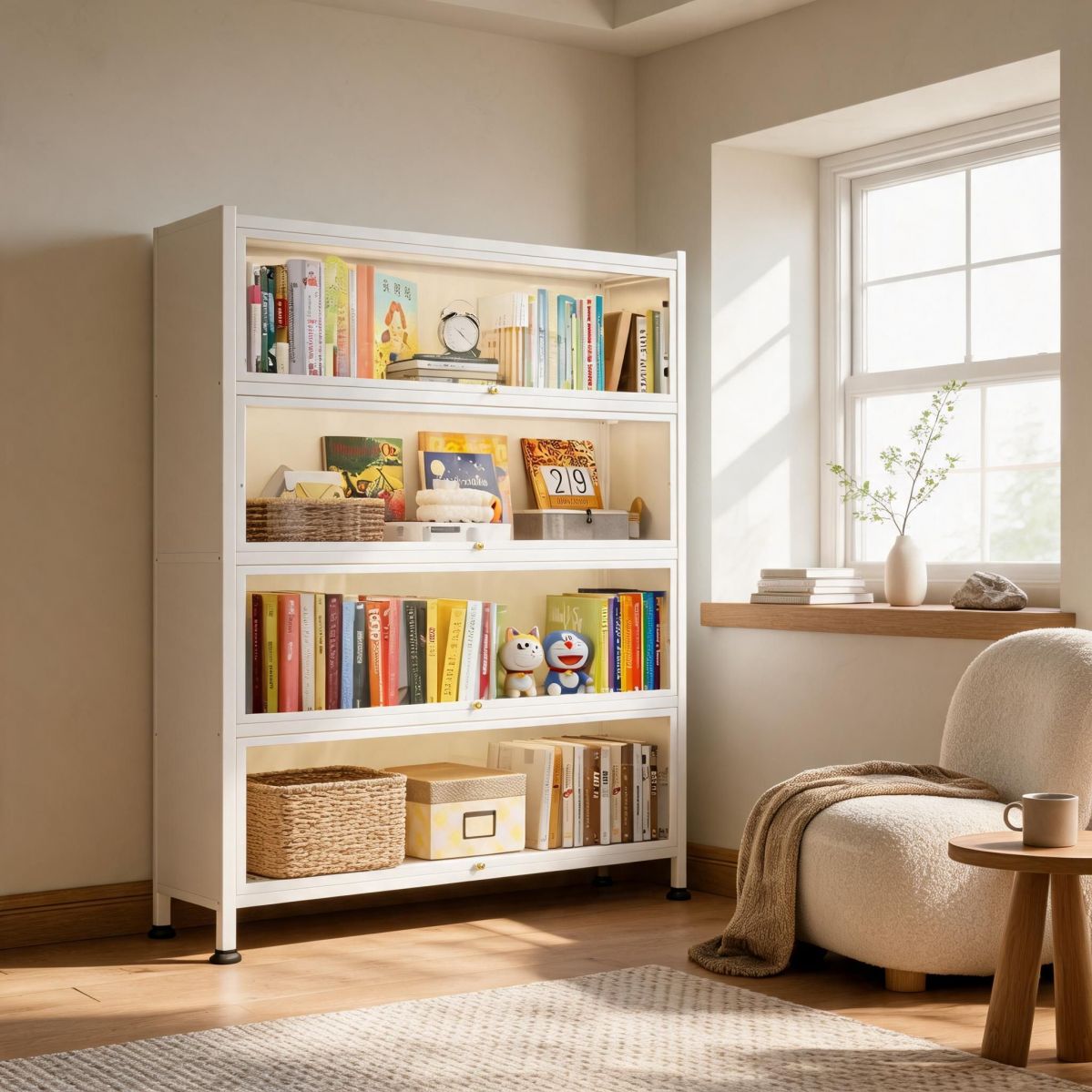BrandName 24" Wide 5-Tier Metal Bookcase with Flip-Up Glass Doors, White Freestanding Display Storage Cabinet