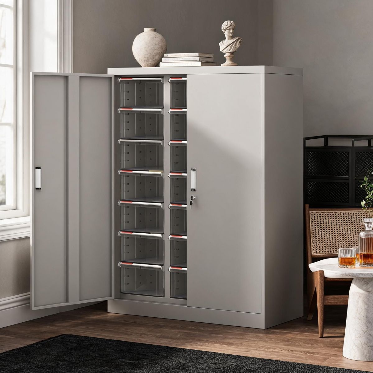 BrandName 21-Drawer Steel Document Cabinet with Lockable Doors, Clear Pull-Out Bins Office Filing Organizer
