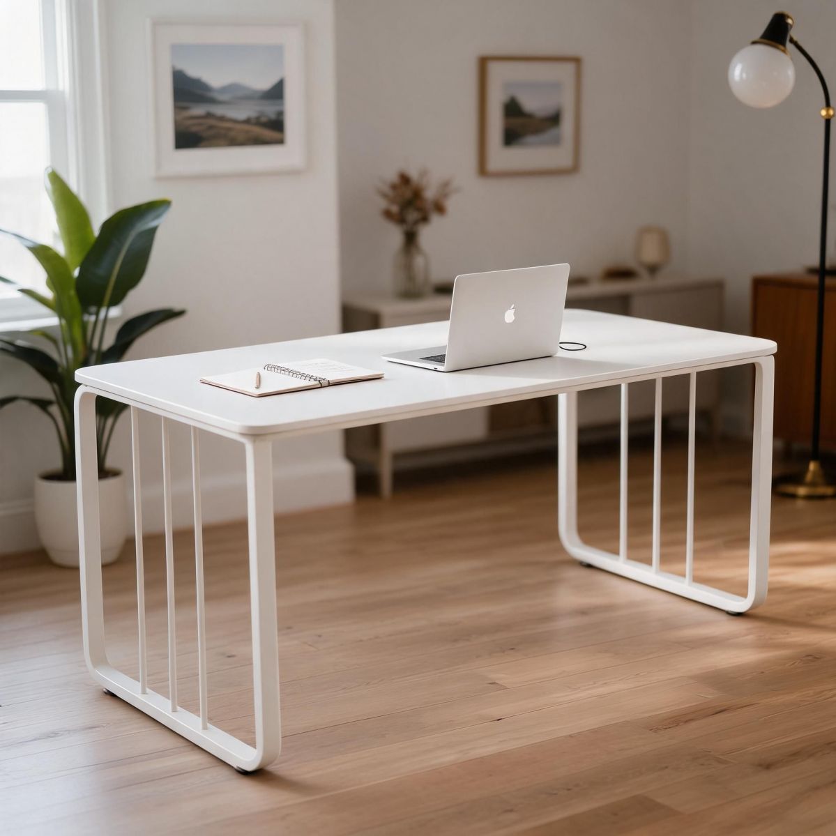 BrandName 47" x 24" Computer Desk, Pure White Home Office Desk with White Metal Frame Study Table