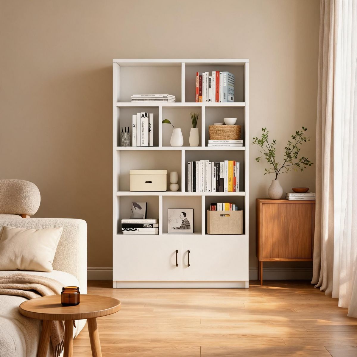 BrandName 47"W Tall Bookcase with Doors, Manufactured Wood Freestanding Shelving Unit with Open Cubbies