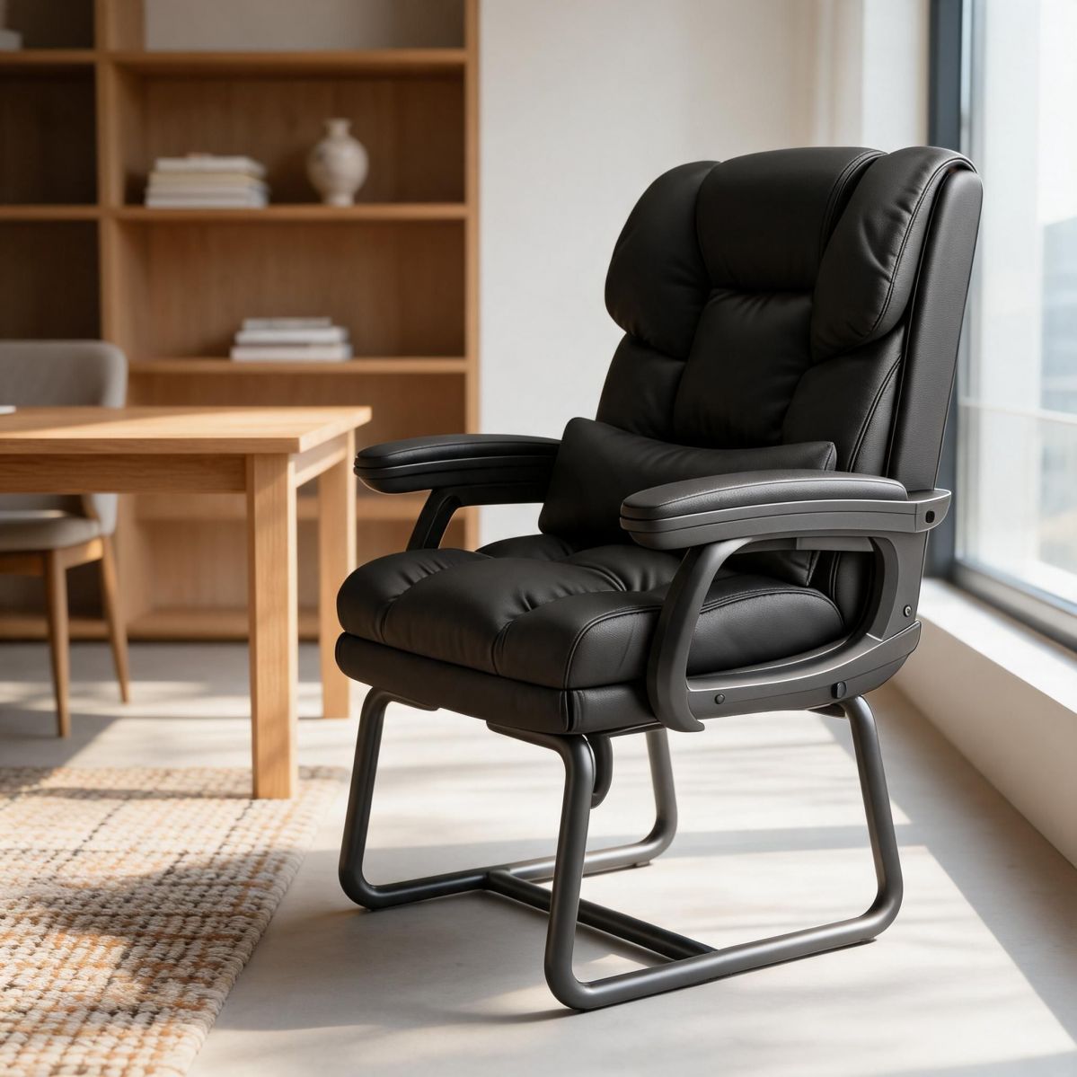 BrandName Black PU Leather Executive Guest Chair with Headrest, Fixed Sled Base Office Meeting Conference Chair, Padded Armrests