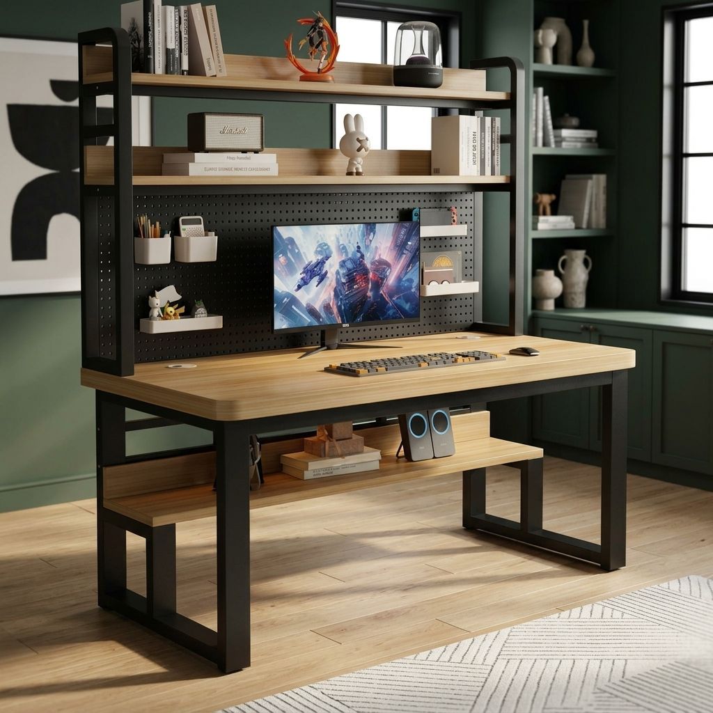 BrandName 39" Computer Desk with Hutch and Pegboard, Light Walnut Home Office Desk with Cable Management