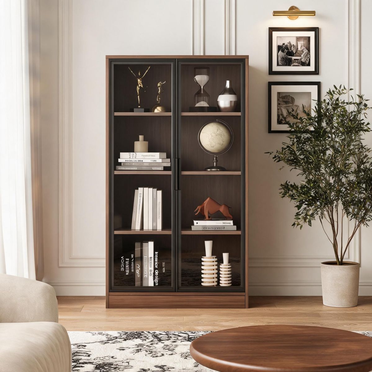 BrandName 24" Wide Display Cabinet with Glass Door, 4-Tier Manufactured Wood Bookcase with 14" Depth