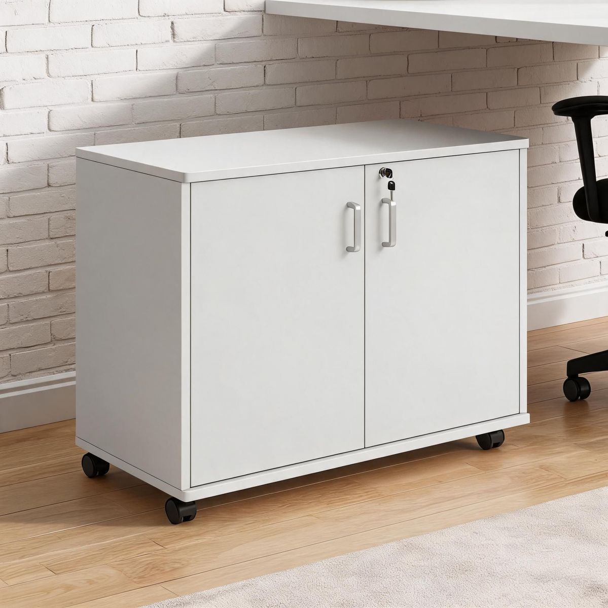 BrandName 31"W Pearl White Locking Rolling Storage Cabinet, 2-Door Office Mobile Credenza Organizer