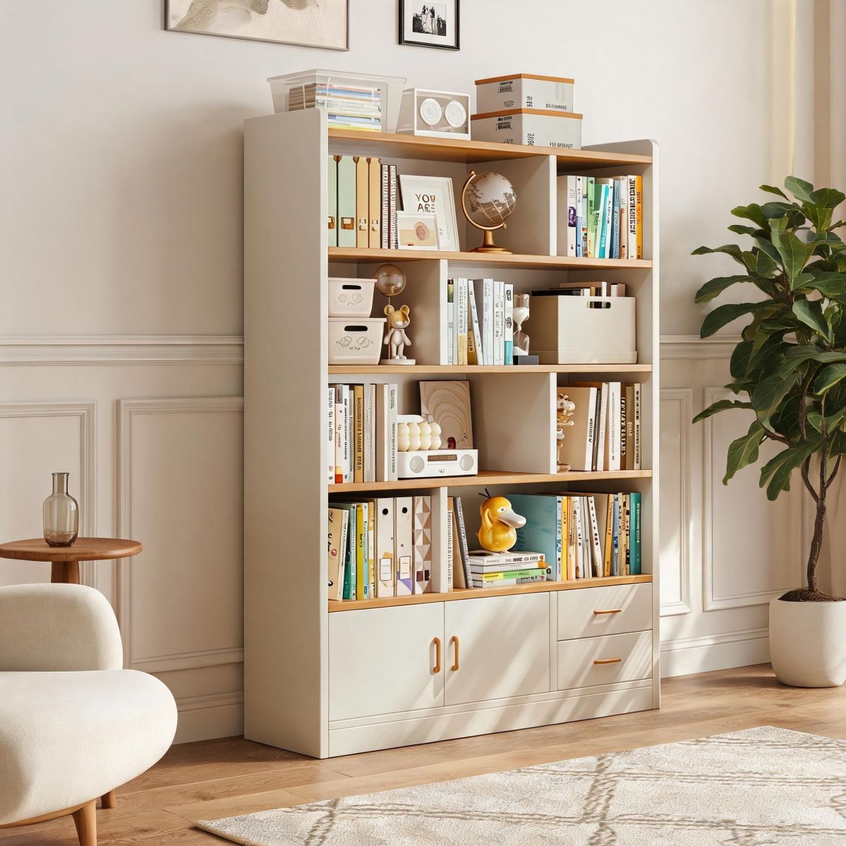 BrandName 47" Tall Bookcase Cabinet with 2 Doors and 2 Drawers, White and Oak Storage Cabinet for Living Room