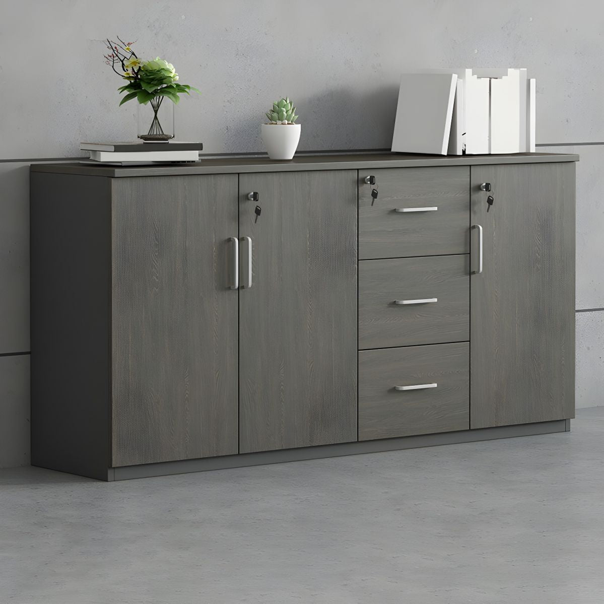 BrandName 63"L Grey Wooden Lateral File Cabinet with Lock, Office Storage Credenza with Drawers and Shelves