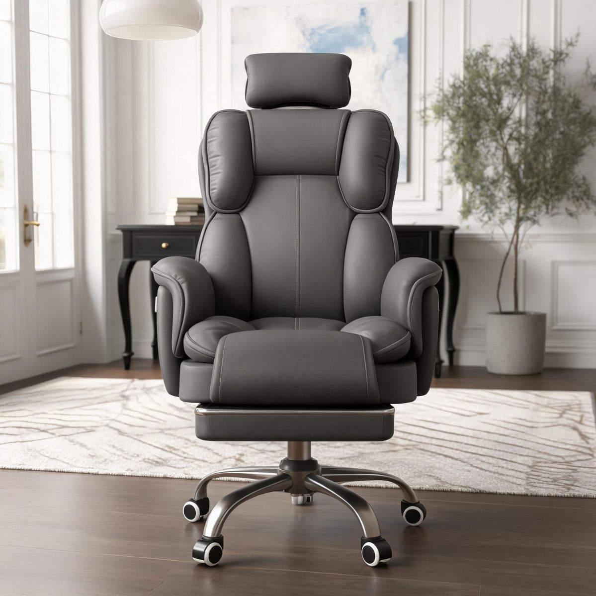 BrandName Executive Office Chair with Footrest, High Back Dark Gray Tech Cloth Computer Desk Chair, Adjustable Headrest Padded Rolling Seating