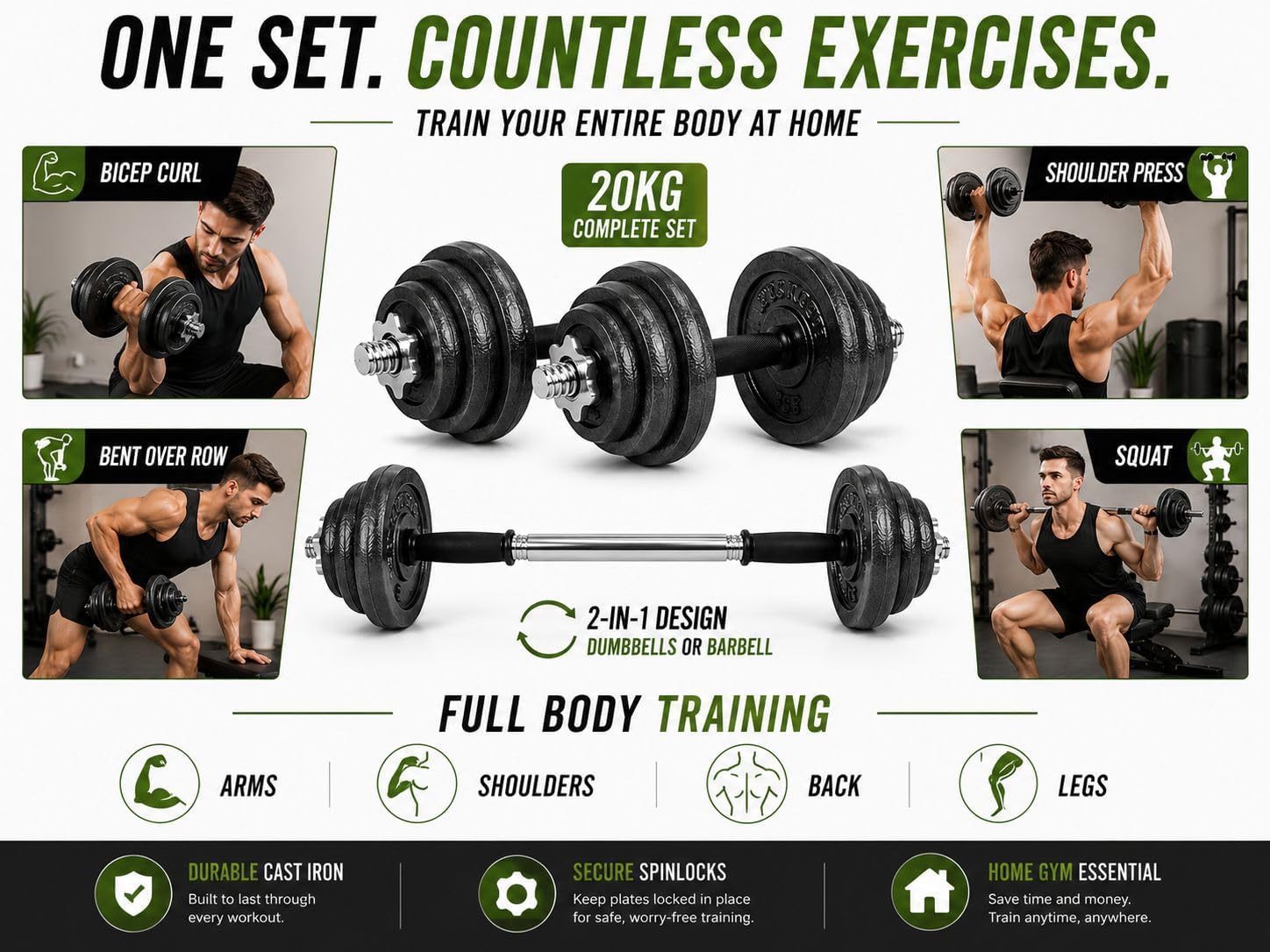 Cast Iron 2-in-1 Adjustable Dumbbell & Barbell Weight Set (20kg Pair)