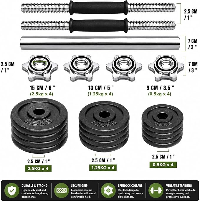 Cast Iron 2-in-1 Adjustable Dumbbell & Barbell Weight Set (20kg Pair)