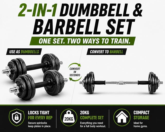 Cast Iron 2-in-1 Adjustable Dumbbell & Barbell Weight Set (20kg Pair)