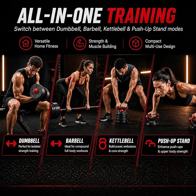 6-in-1 Multi-Functional Adjustable Dumbbell, Barbell & Kettlebell Set (20kg)