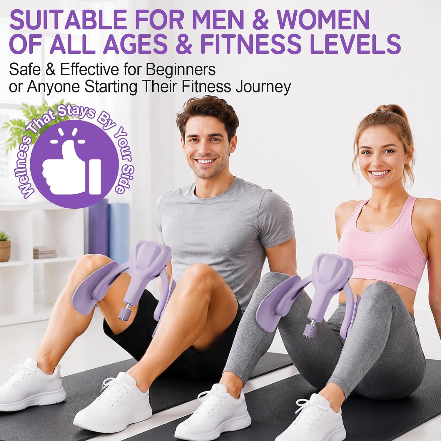 Adjustable Pelvic Floor Muscle Trainer & Thigh Toner with Resistance Band (35kg) - Lilac Purple