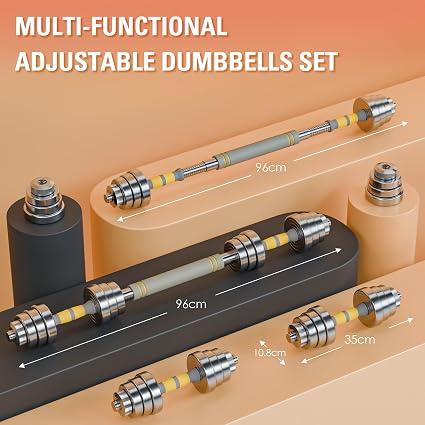 2-in-1 Solid Steel Adjustable Dumbbell & Barbell Weight Set - Chrome Finish