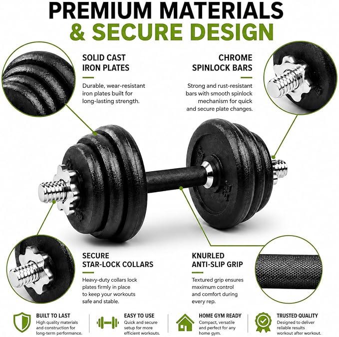 Cast Iron 2-in-1 Adjustable Dumbbell & Barbell Weight Set (20kg Pair)