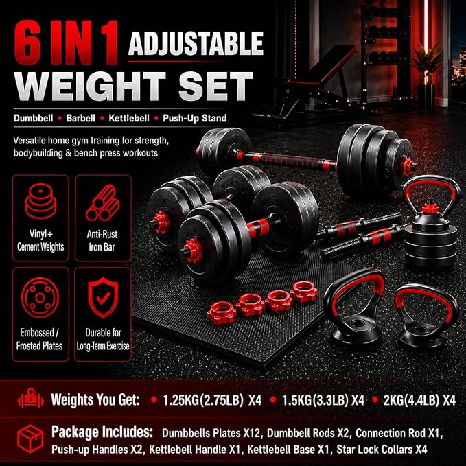 6-in-1 Multi-Functional Adjustable Dumbbell, Barbell & Kettlebell Set (20kg)