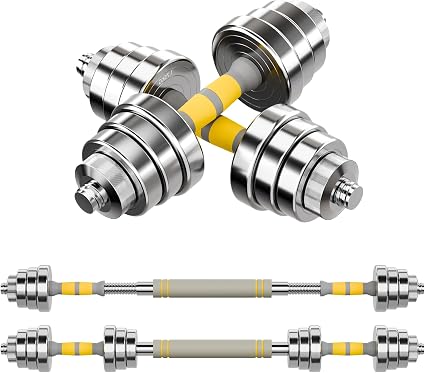 2-in-1 Solid Steel Adjustable Dumbbell & Barbell Weight Set - Chrome Finish