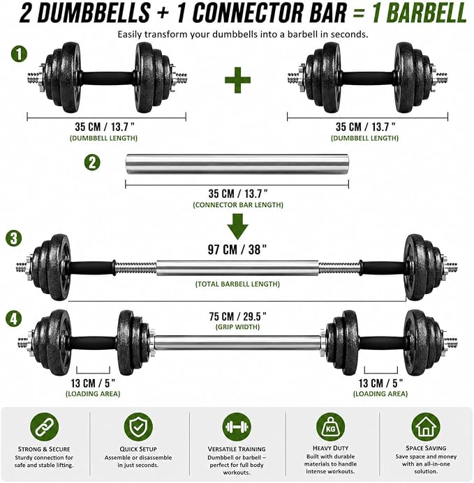 Cast Iron 2-in-1 Adjustable Dumbbell & Barbell Weight Set (20kg Pair)