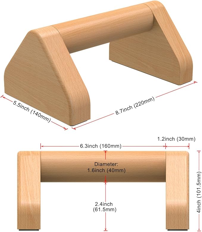 Solid Beechwood Push-Up Bars with Non-Slip Rubber Base (Pair) - Natural Wood