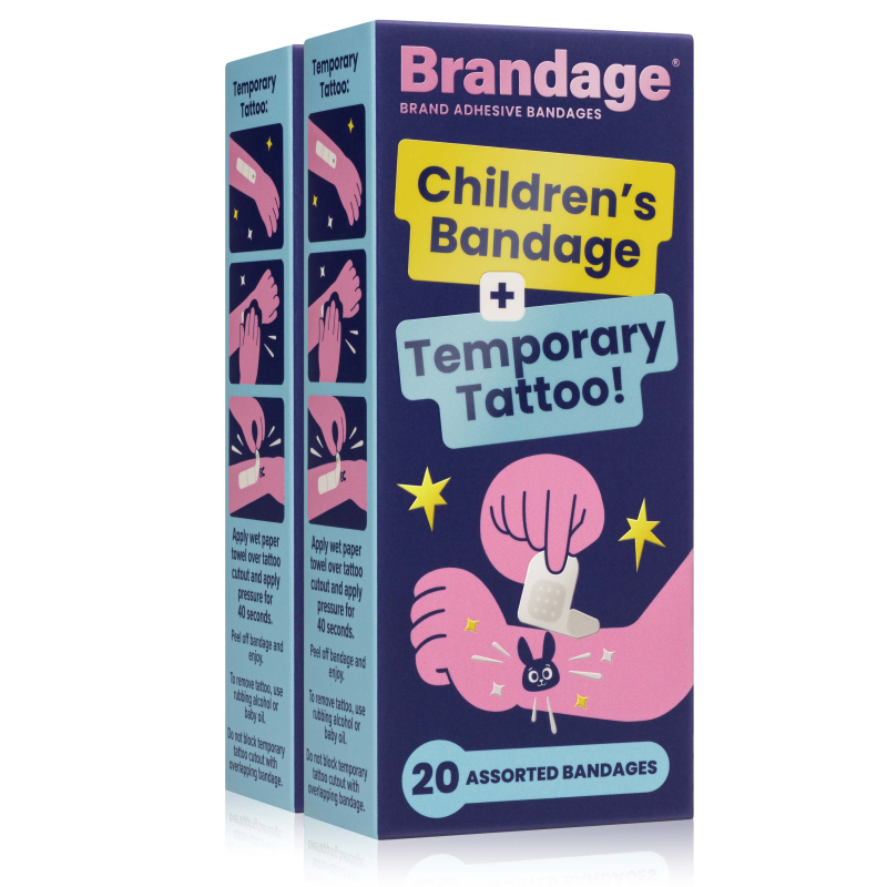 Brandage 2-pack: two navy cartons of Children's Bandage plus Temporary Tattoo, 20 assorted bandages each.