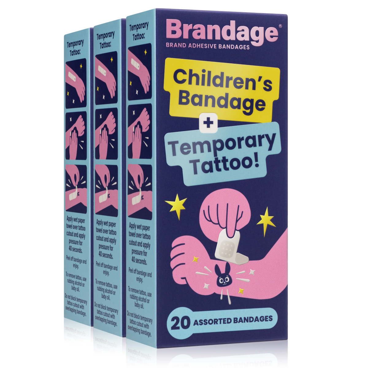 Brandage 3-pack: Three packs of Brandage bandages, 20 assorted bandages in each box.