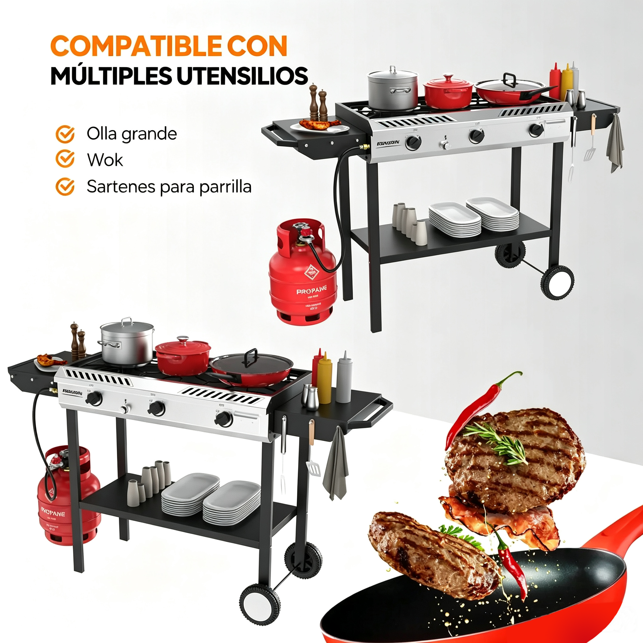 Estufa de gas propano para exteriores de 2-3 quemadores, robusta, de hierro fundido, con encendido automático, regulador, estantes laterales, 150000-225000 BTU, ideal para barbacoas de camping, cocina al aire libre y barbacoas.