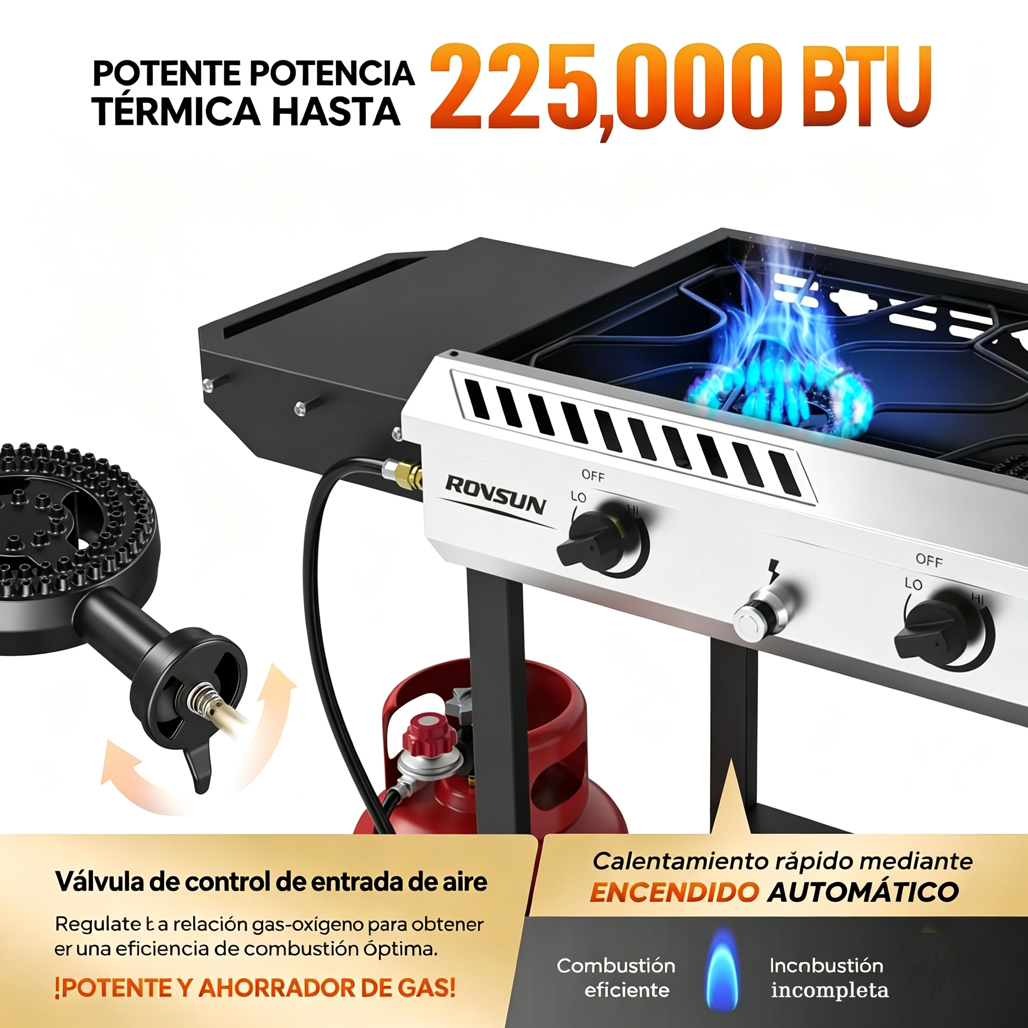 Estufa de gas propano para exteriores de 2-3 quemadores, robusta, de hierro fundido, con encendido automático, regulador, estantes laterales, 150000-225000 BTU, ideal para barbacoas de camping, cocina al aire libre y barbacoas.