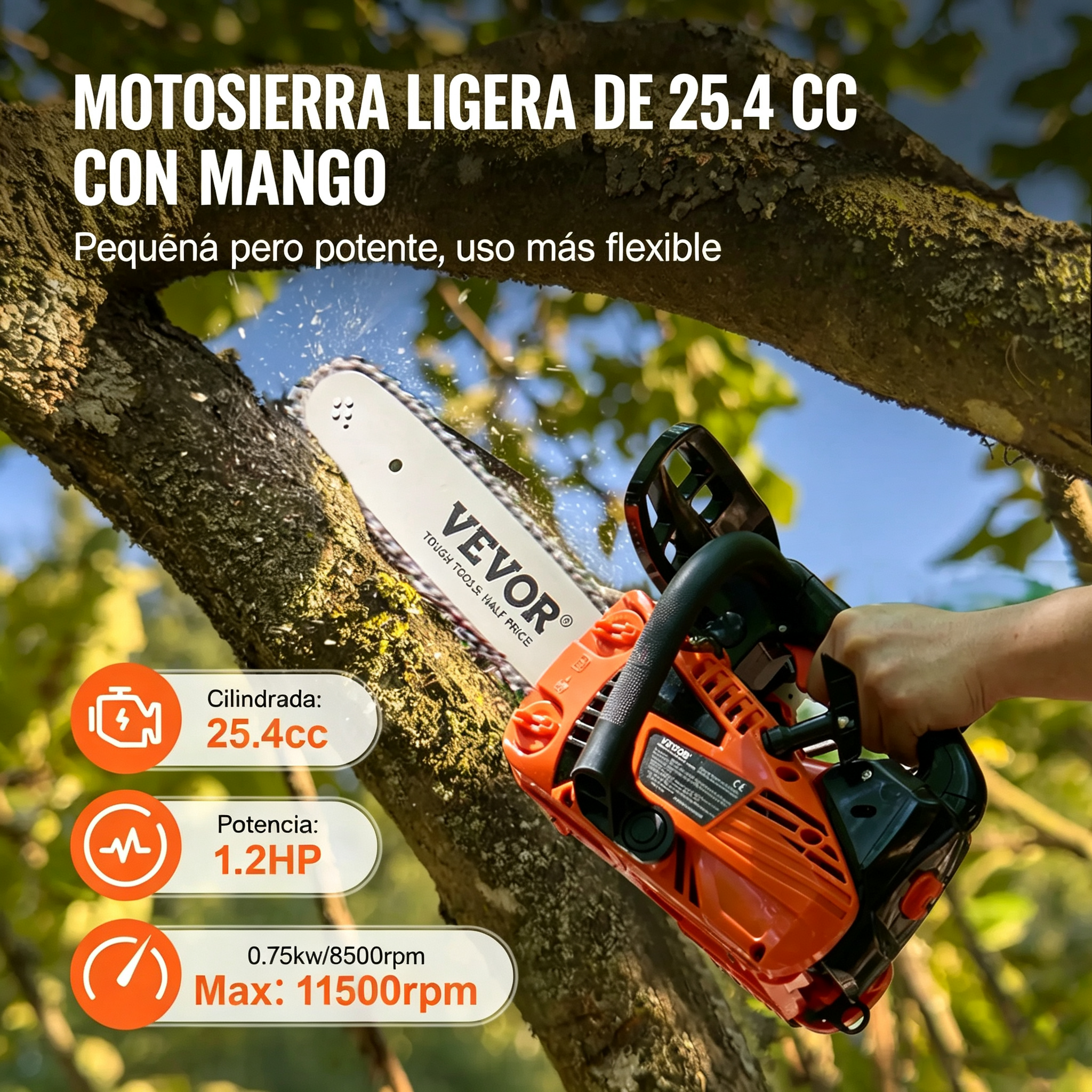 Motosierra a Gasolina 25.4CC 12 Pulgadas, Motor 2 Tiempos 1.2HP, Mango Antivibración y Lubricación Automática para Corte de Árboles, Leña y Madera