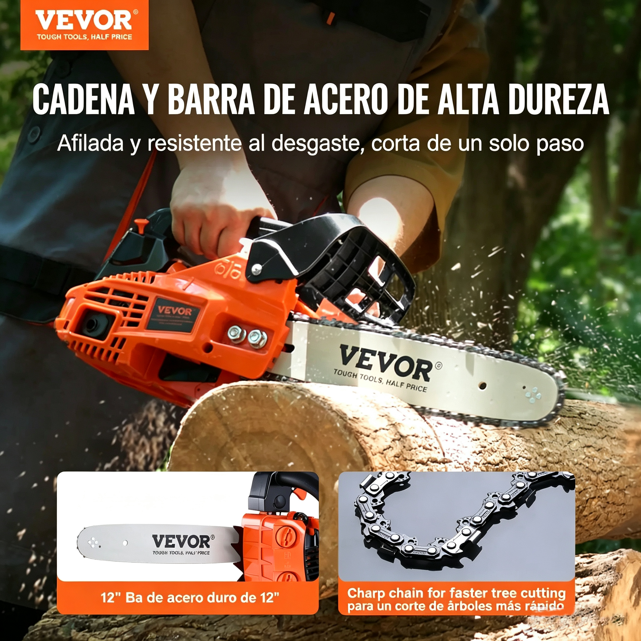 Motosierra a Gasolina 25.4CC 12 Pulgadas, Motor 2 Tiempos 1.2HP, Mango Antivibración y Lubricación Automática para Corte de Árboles, Leña y Madera