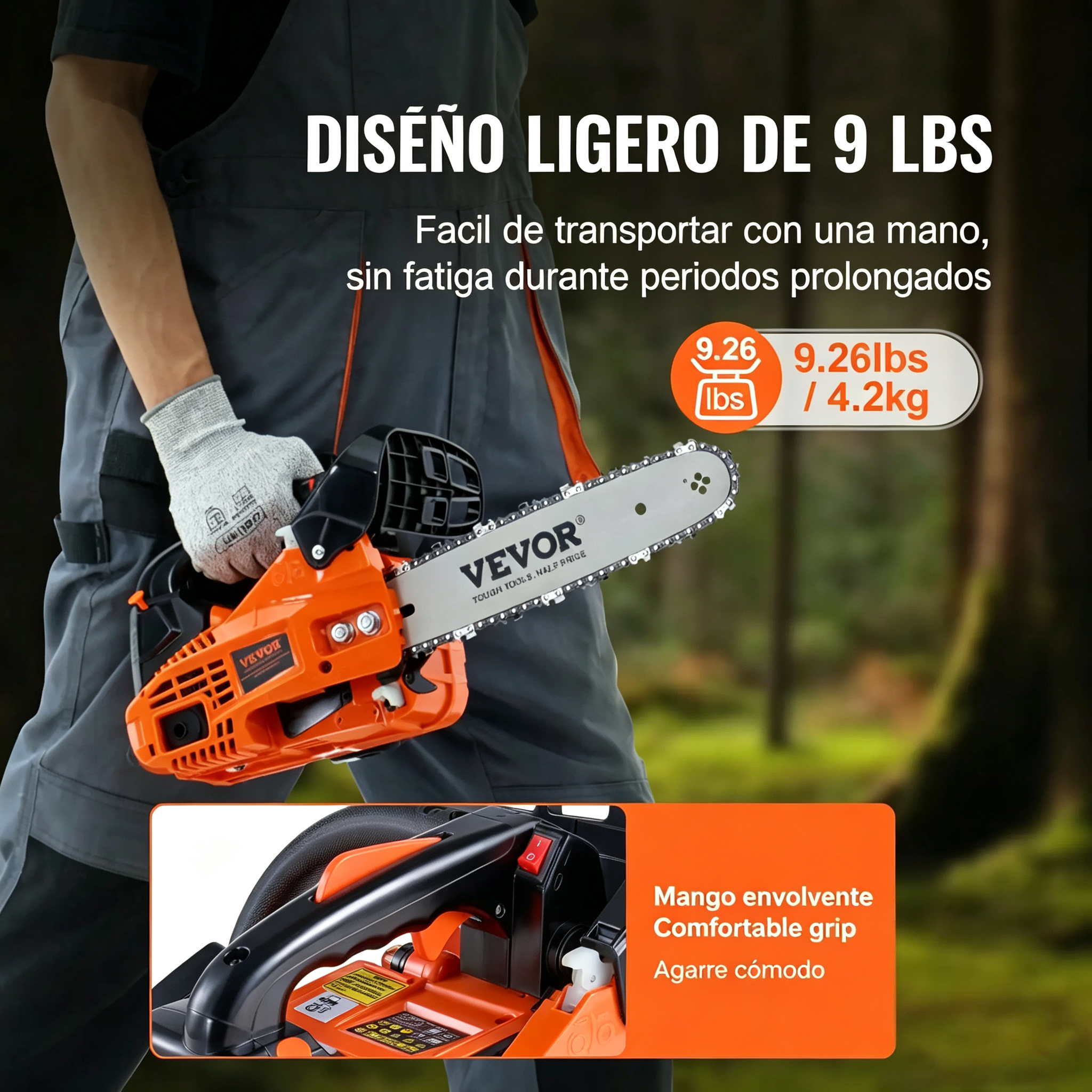 Motosierra a Gasolina 25.4CC 12 Pulgadas, Motor 2 Tiempos 1.2HP, Mango Antivibración y Lubricación Automática para Corte de Árboles, Leña y Madera