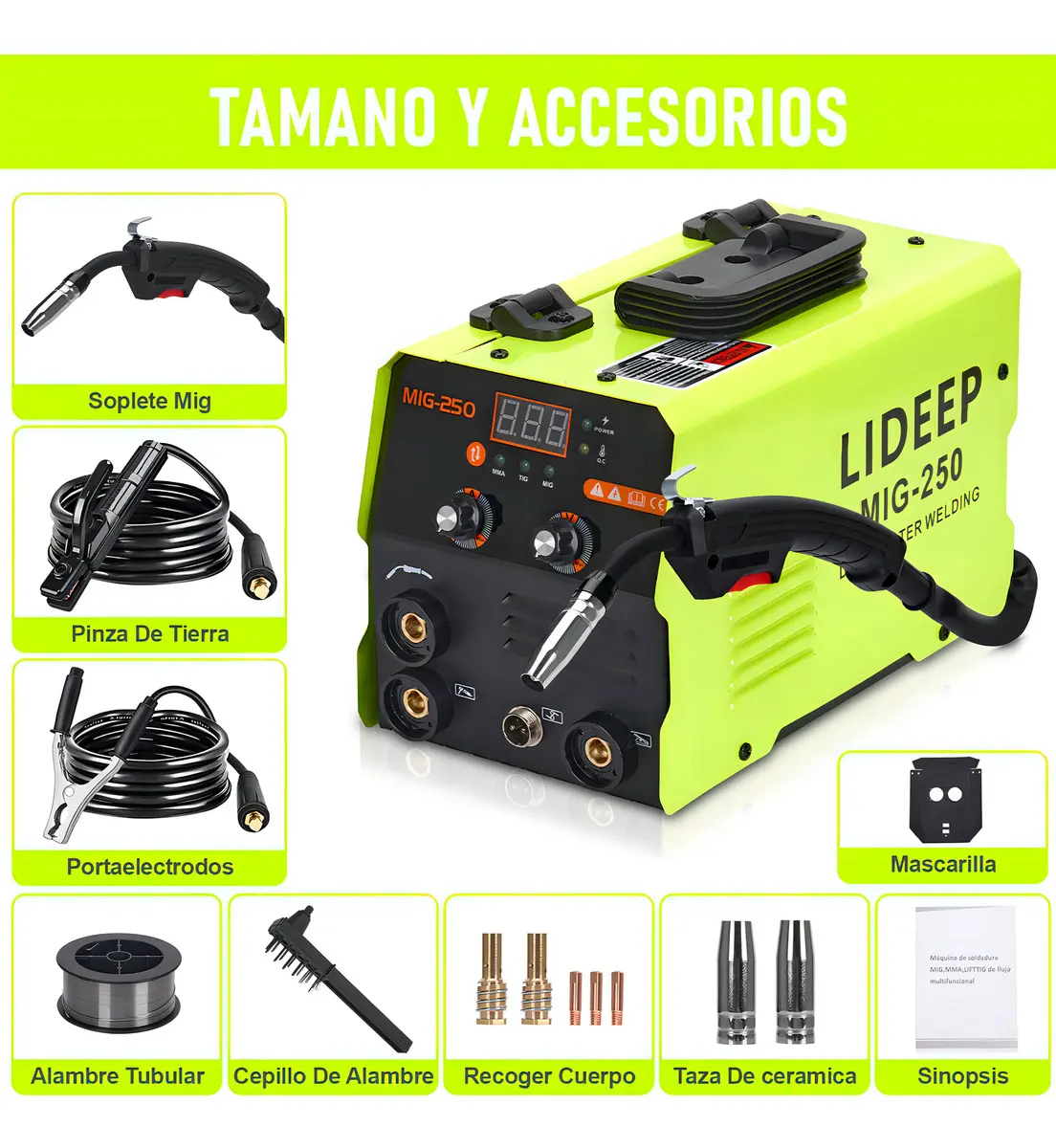 Soldadora inverter 3 en 1 LIDEEP (modelo MIG-250/300, 127 V, compatible con los modos MIG/MMA/TIG), equipada con una pantalla LCD digital; admite soldadura sin gas (con hilo tubular).