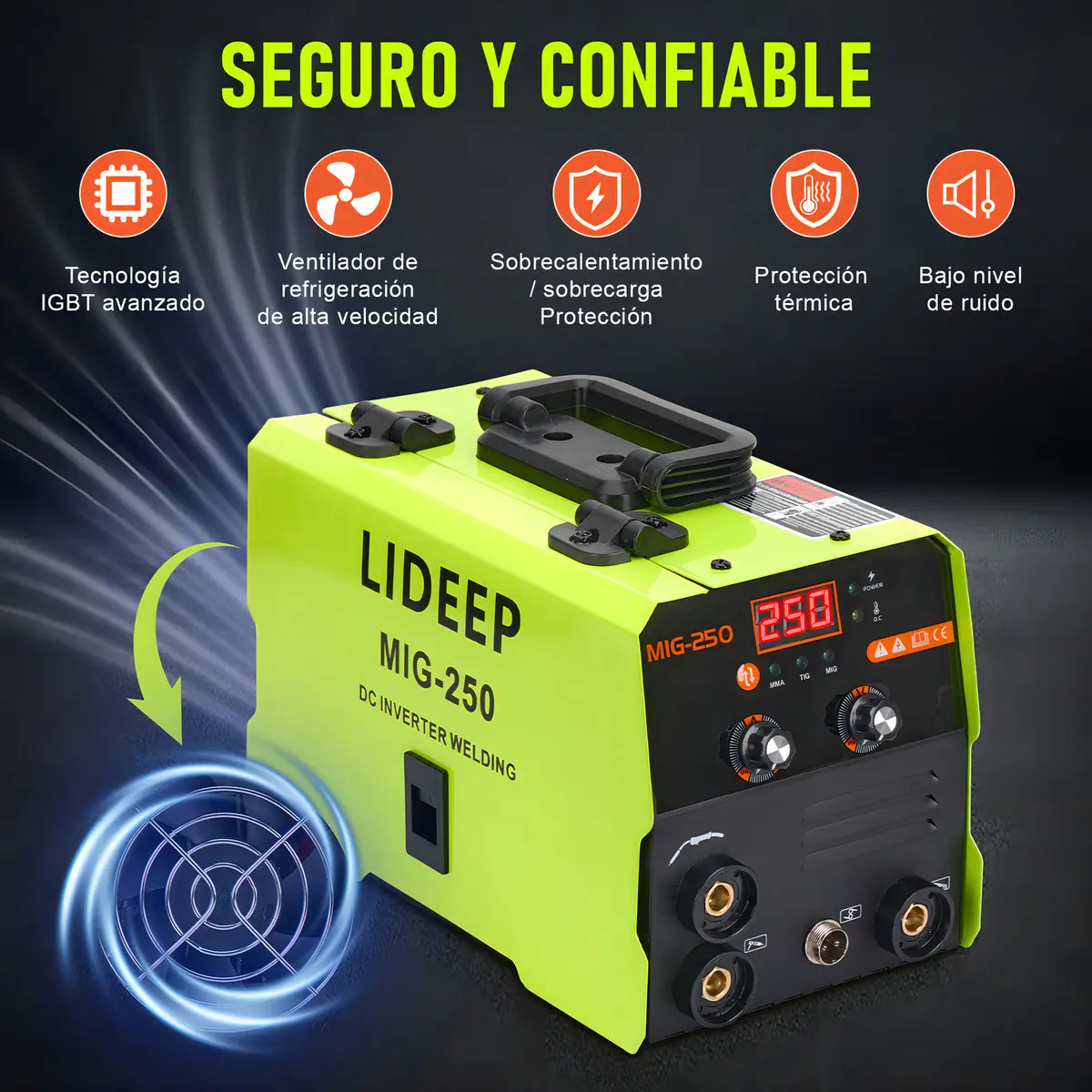 Soldadora inverter 3 en 1 LIDEEP (modelo MIG-250/300, 127 V, compatible con los modos MIG/MMA/TIG), equipada con una pantalla LCD digital; admite soldadura sin gas (con hilo tubular).