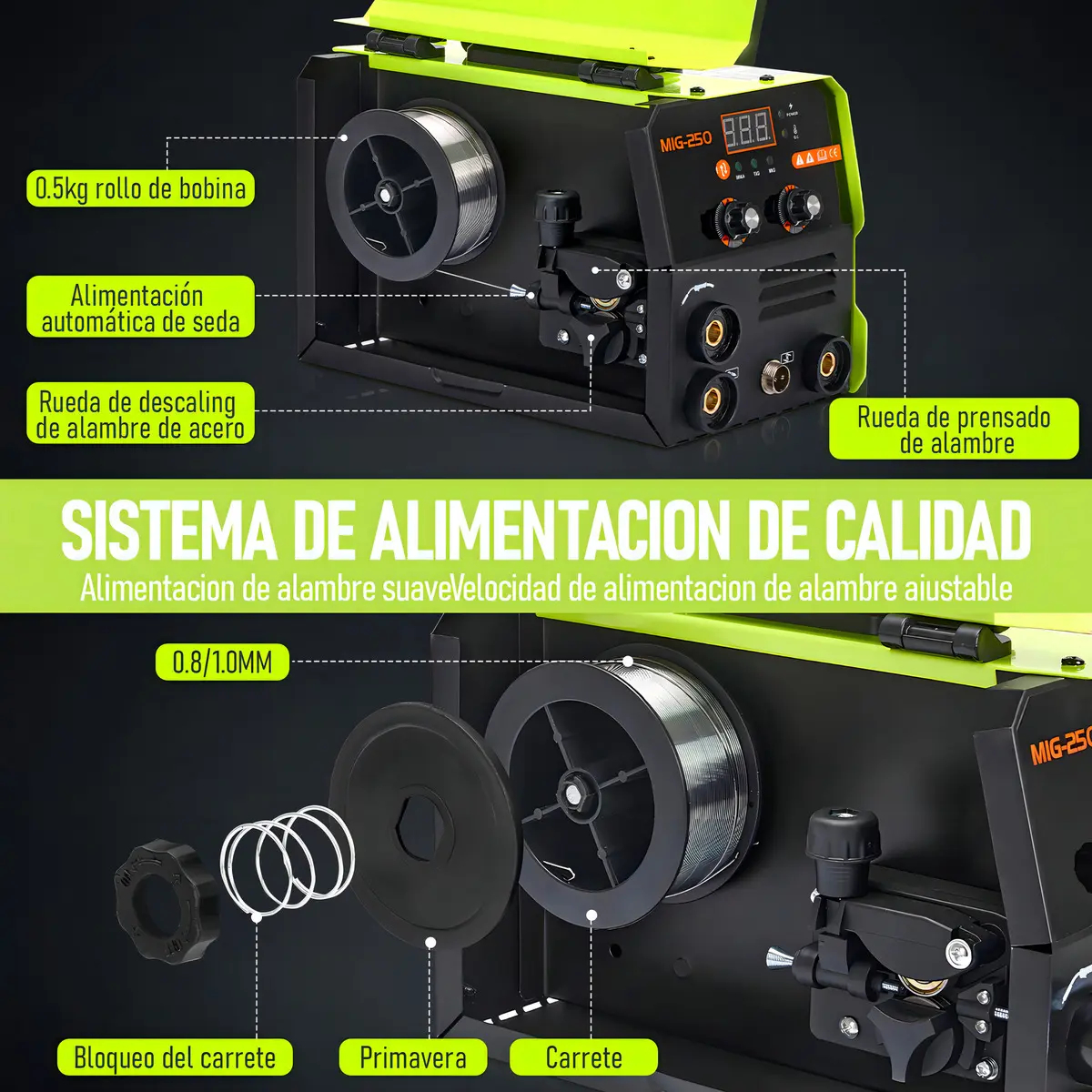 Soldadora inverter 3 en 1 LIDEEP (modelo MIG-250/300, 127 V, compatible con los modos MIG/MMA/TIG), equipada con una pantalla LCD digital; admite soldadura sin gas (con hilo tubular).