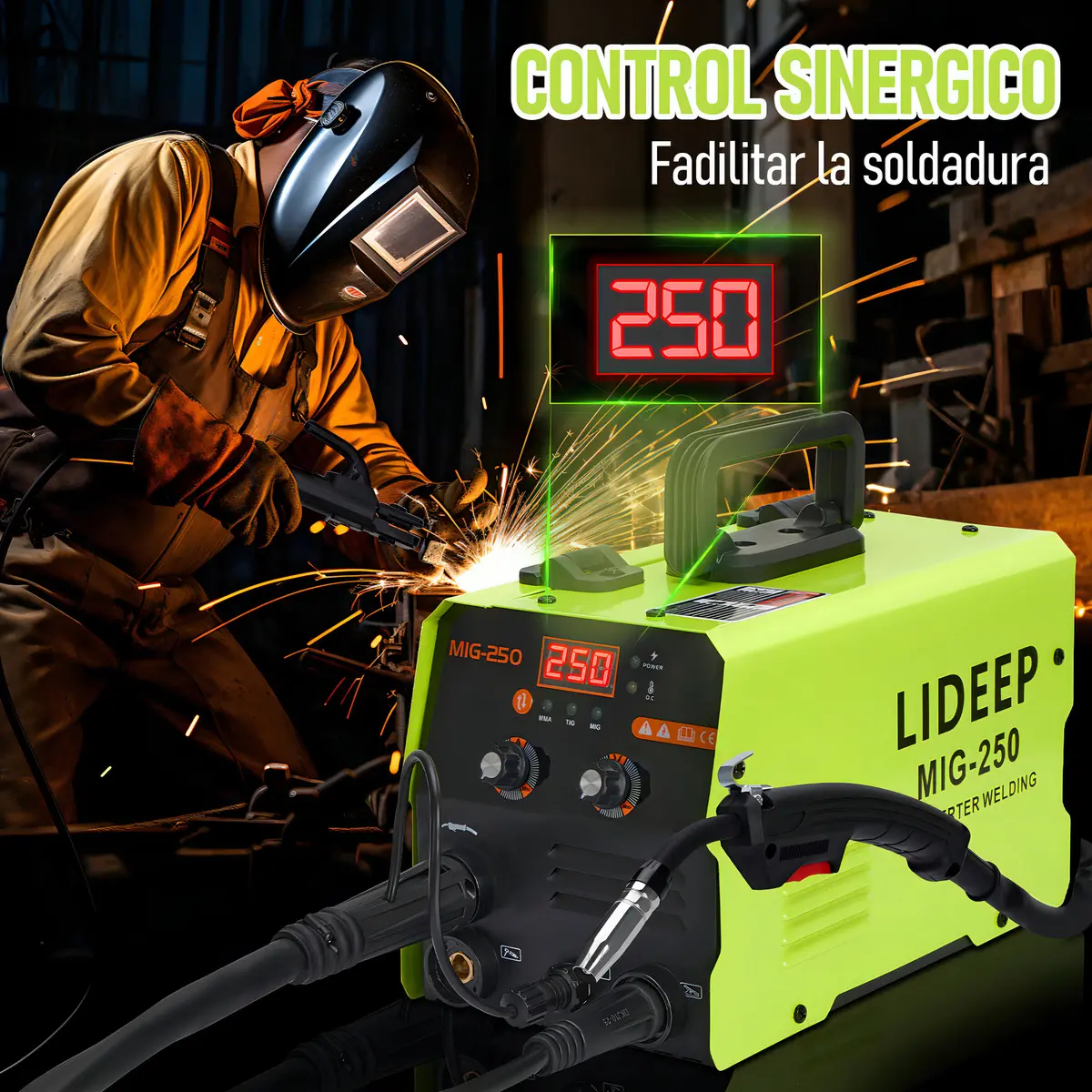 Soldadora inverter 3 en 1 LIDEEP (modelo MIG-250/300, 127 V, compatible con los modos MIG/MMA/TIG), equipada con una pantalla LCD digital; admite soldadura sin gas (con hilo tubular).
