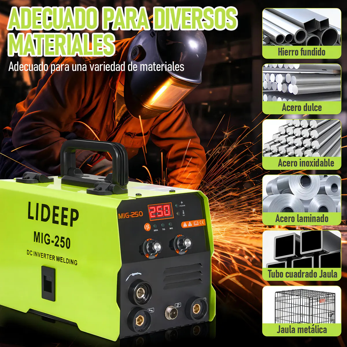 Soldadora inverter 3 en 1 LIDEEP (modelo MIG-250/300, 127 V, compatible con los modos MIG/MMA/TIG), equipada con una pantalla LCD digital; admite soldadura sin gas (con hilo tubular).