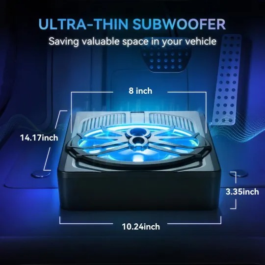 Subwoofer para coche ANDEMAN de 1200 W con control por aplicación y luz LED de colores, subwoofer plano de 10 pulgadas para debajo del asiento con amplificador integrado y entrada de alta/baja impedancia, altavoz de graves para coche/camioneta/SUV/Jeep/mo