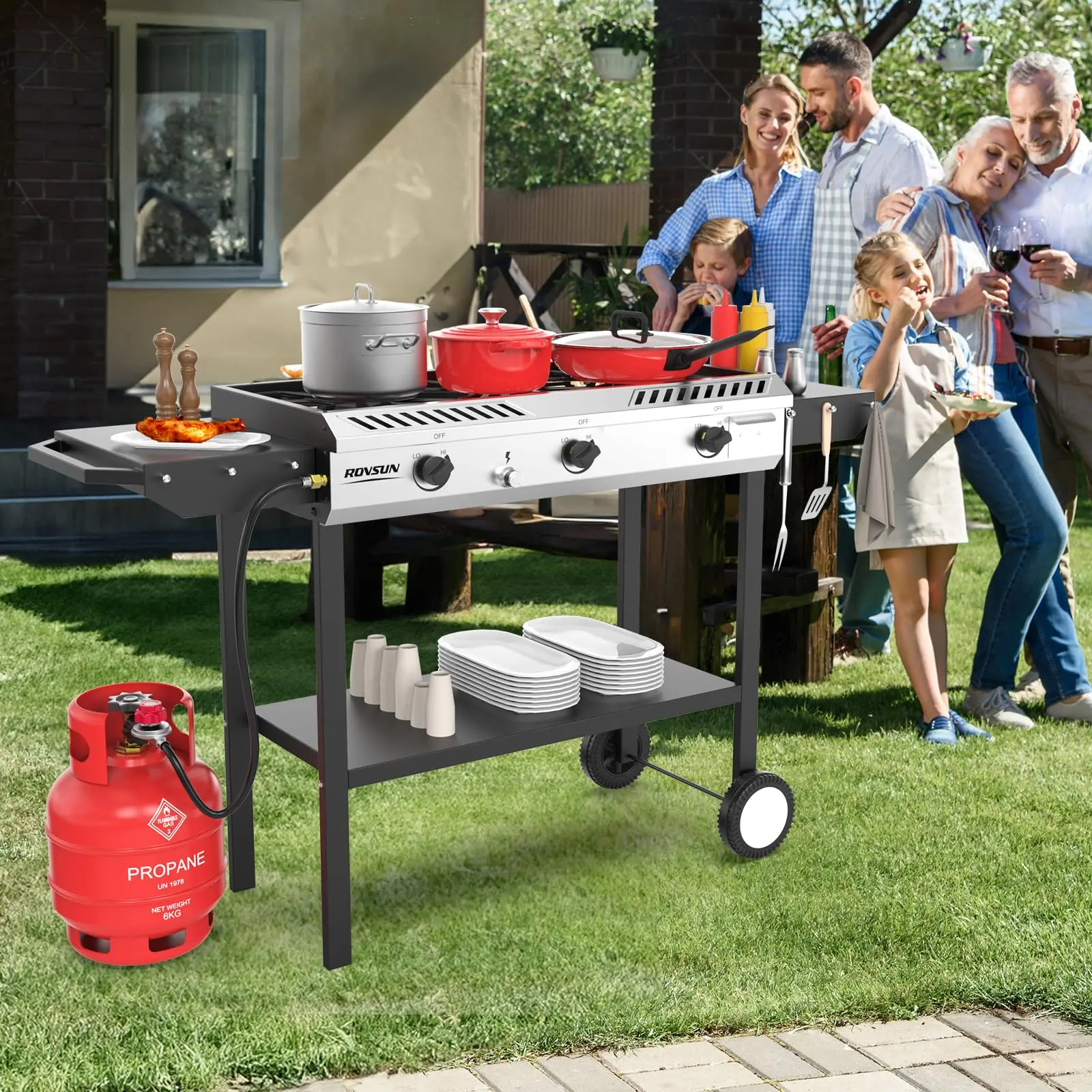 Estufa de gas propano para exteriores de 2-3 quemadores, robusta, de hierro fundido, con encendido automático, regulador, estantes laterales, 150000-225000 BTU, ideal para barbacoas de camping, cocina al aire libre y barbacoas.