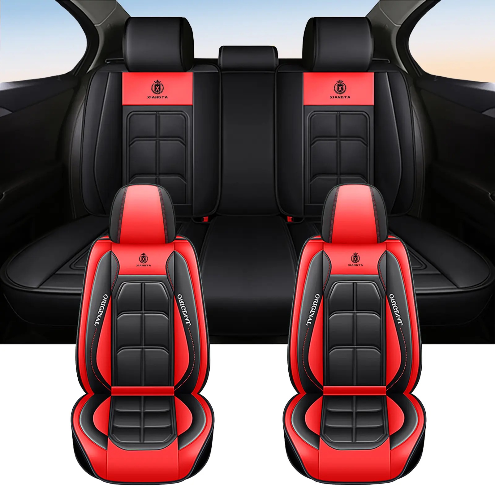 Fundas de asiento de cuero de lujo para automóvil (5 plazas) — Interfaz universal para airbag de seguridad — Impermeables, antideslizantes y fáciles de limpiar — Juego completo en color negro — Regalo ideal para el coche.